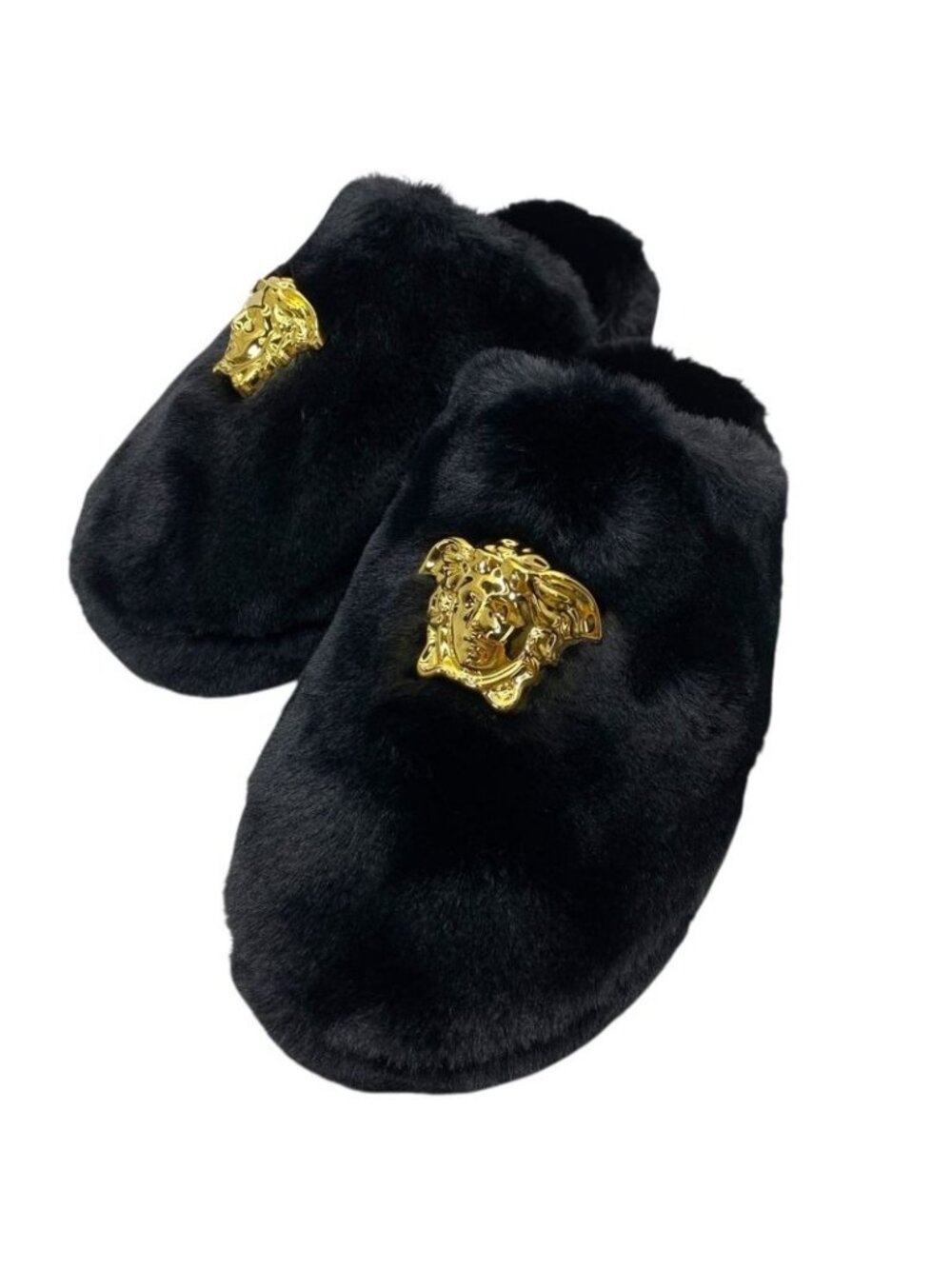 Versace Slippers Monsieur Medusa Faux Fur Black Size 37
